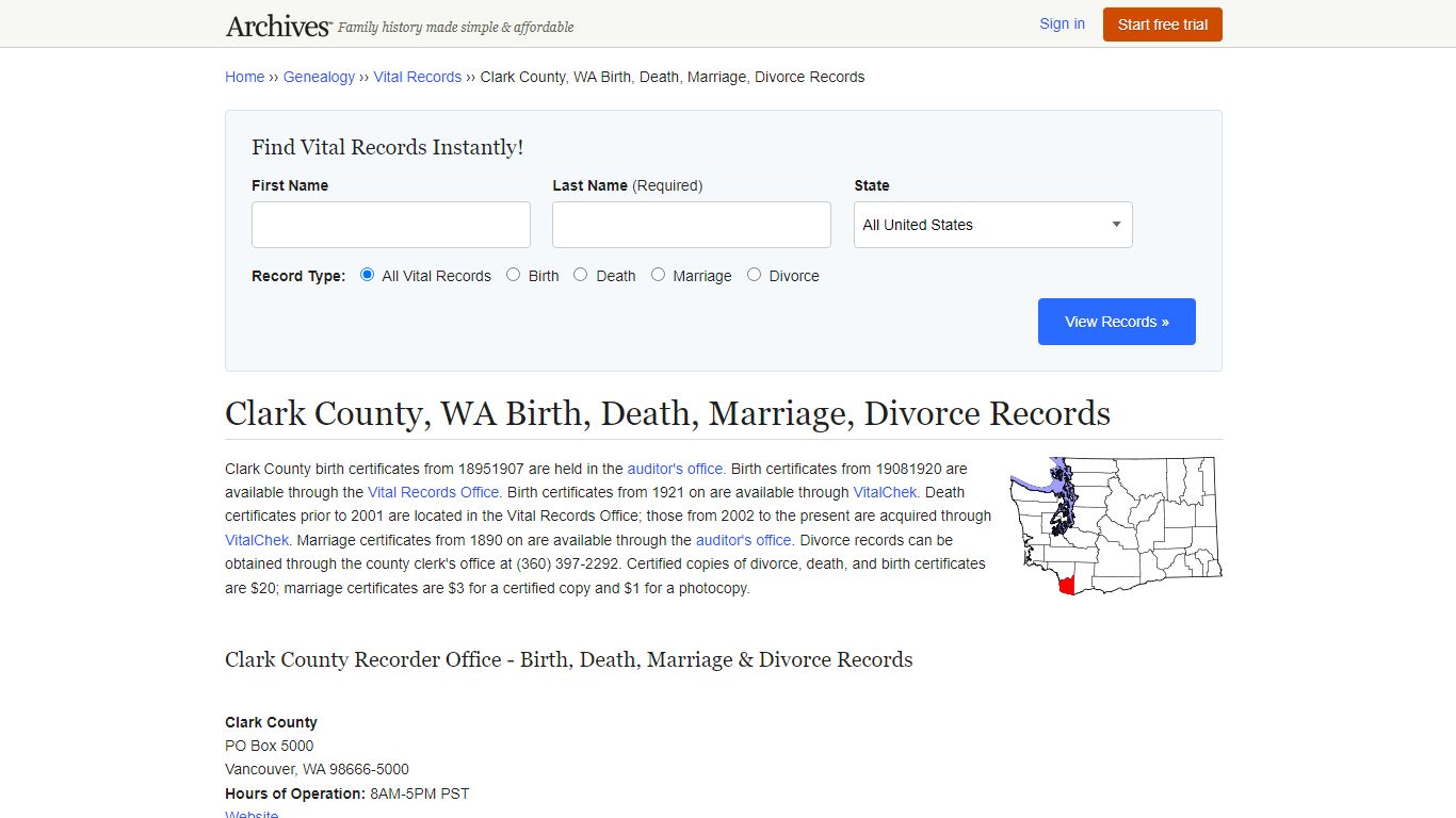 Clark County, WA Birth, Death, Marriage, Divorce Records - Archives.com